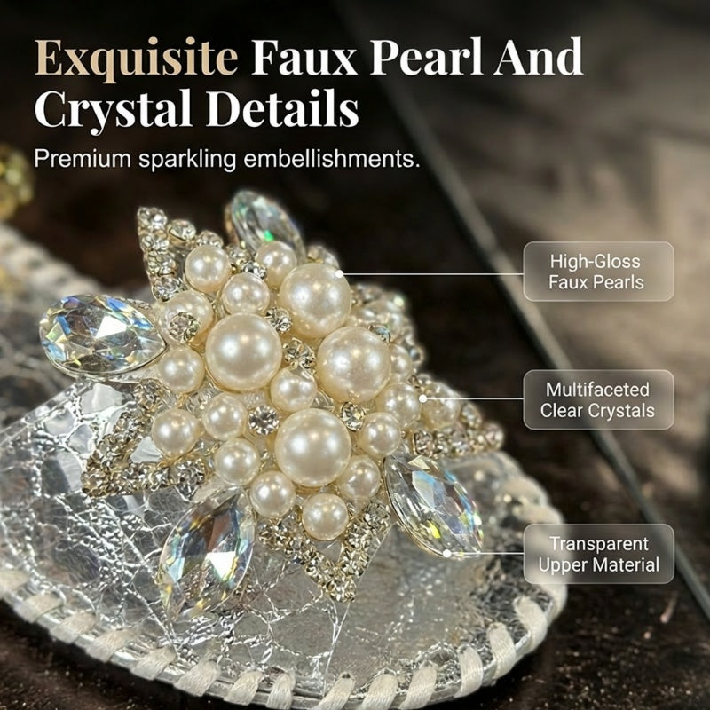 🎁New Arrival 50% OFF💥 Faux Pearl & Crystal Embellished Flat Sandals