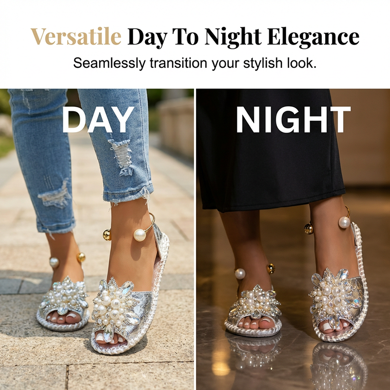 🎁New Arrival 50% OFF💥 Faux Pearl & Crystal Embellished Flat Sandals