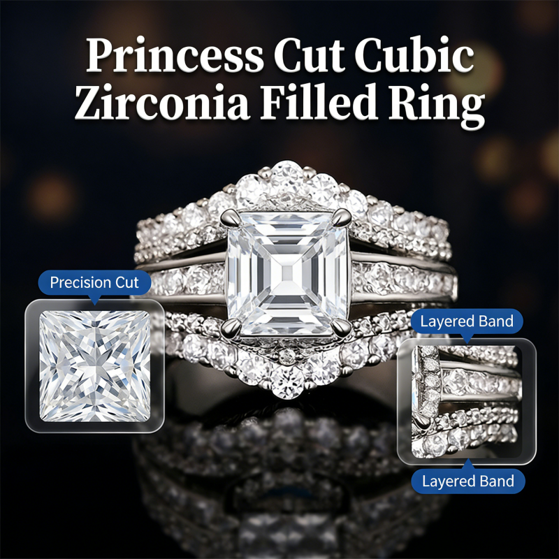 🎁2026 New Arrivals 50% OFF💥Women's Princess Cut Cubic Zirconia Filled Ring – Pave Setting, Multi-Layer Band, Sparkle ✨