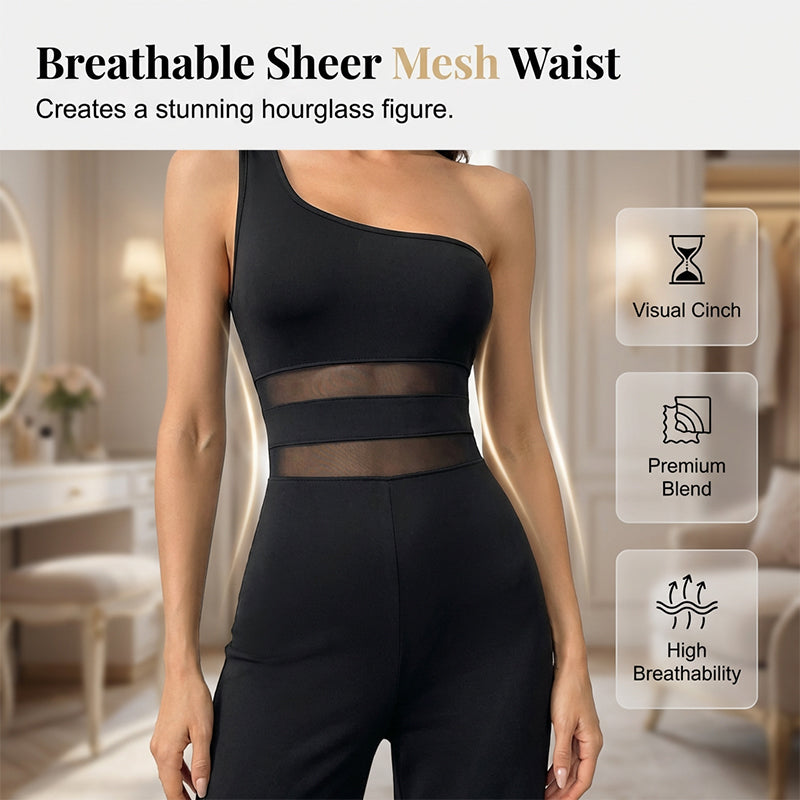 👯 LIMITED TIME 50% OFF! ✨ One-Shoulder Mesh Panel Wide-Leg Jumpsuit – Sculpting, Elegant, Alluring 💃