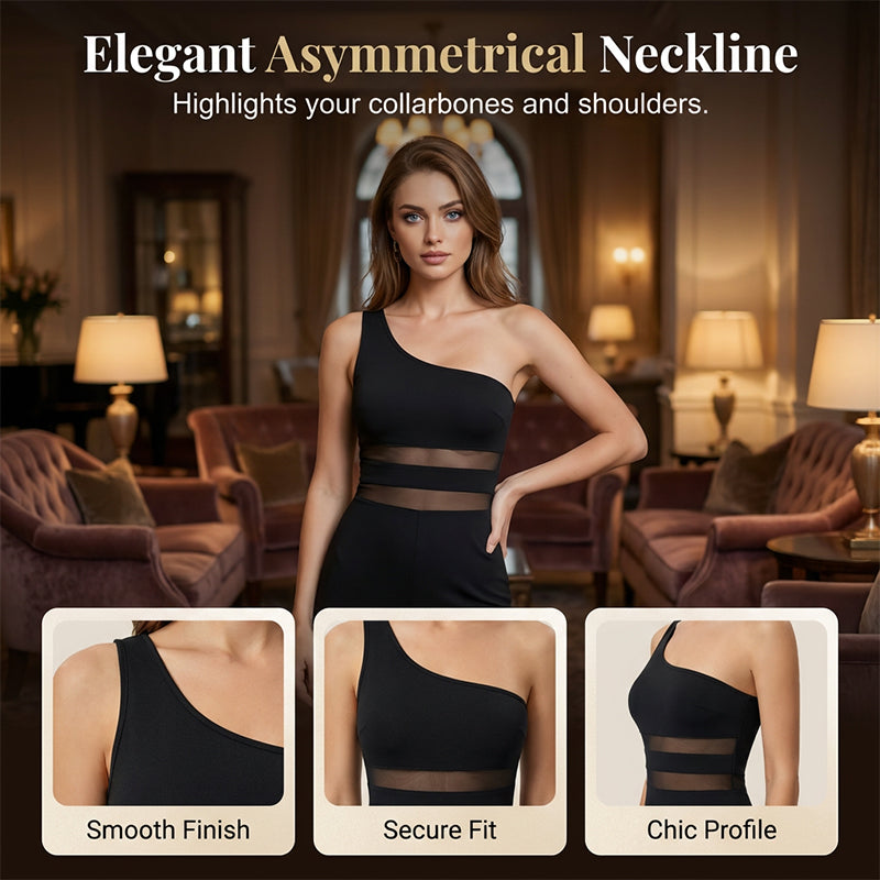 👯 LIMITED TIME 50% OFF! ✨ One-Shoulder Mesh Panel Wide-Leg Jumpsuit – Sculpting, Elegant, Alluring 💃