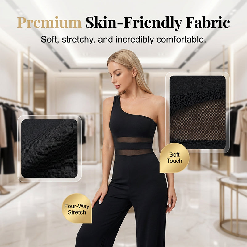 👯 LIMITED TIME 50% OFF! ✨ One-Shoulder Mesh Panel Wide-Leg Jumpsuit – Sculpting, Elegant, Alluring 💃