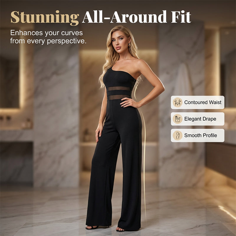 👯 LIMITED TIME 50% OFF! ✨ One-Shoulder Mesh Panel Wide-Leg Jumpsuit – Sculpting, Elegant, Alluring 💃
