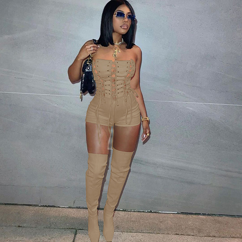 Solid Color Sleeveless Lace-Up Jumpsuit