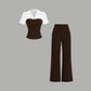 Elegant Striped Lapel Tee & Palazzo Pants 2-Piece Set