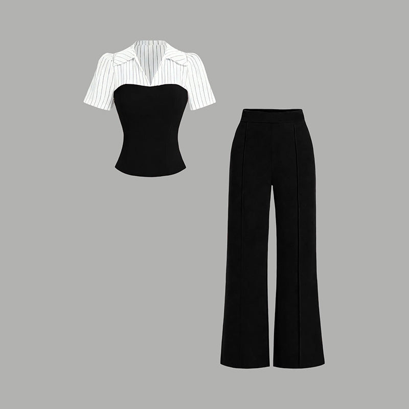 Elegant Striped Lapel Tee & Palazzo Pants 2-Piece Set