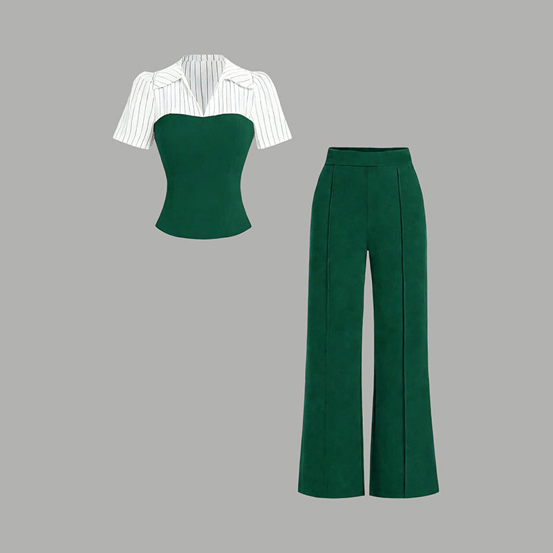 Elegant Striped Lapel Tee & Palazzo Pants 2-Piece Set