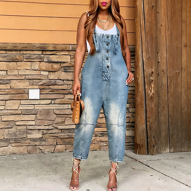 Women's Button-Front Tapered Denim Overalls
