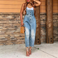 Women's Button-Front Tapered Denim Overalls