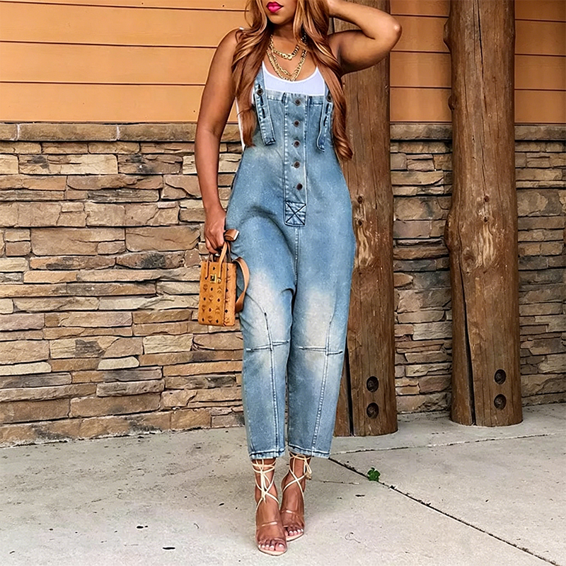 Women's Button-Front Tapered Denim Overalls