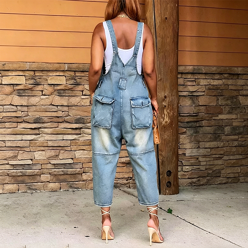 Women's Button-Front Tapered Denim Overalls