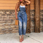 Women's Button-Front Tapered Denim Overalls
