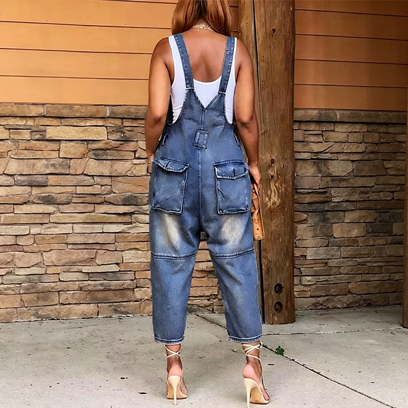 Women's Button-Front Tapered Denim Overalls