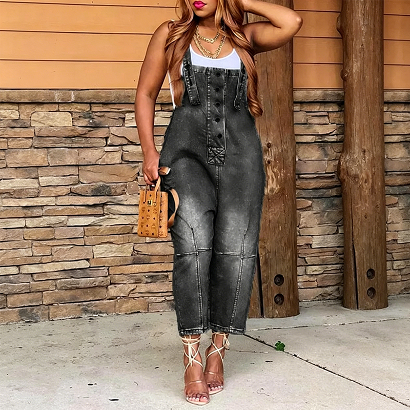 Women's Button-Front Tapered Denim Overalls