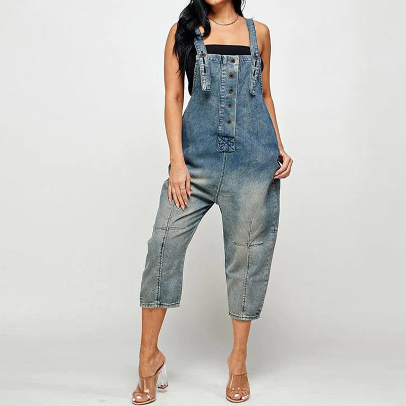 Women's Button-Front Tapered Denim Overalls