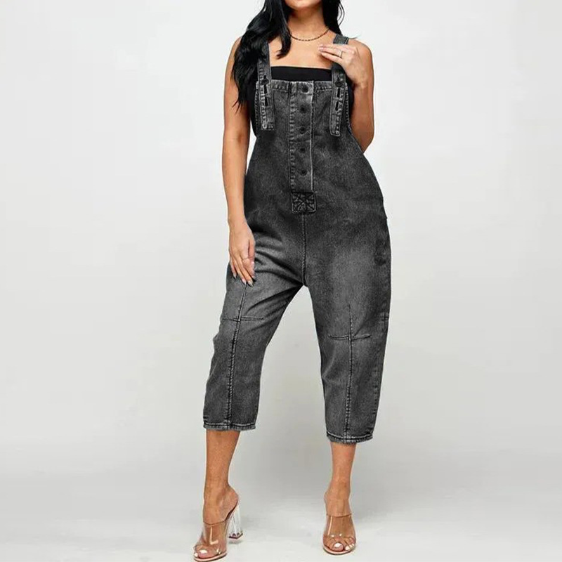 Women's Button-Front Tapered Denim Overalls