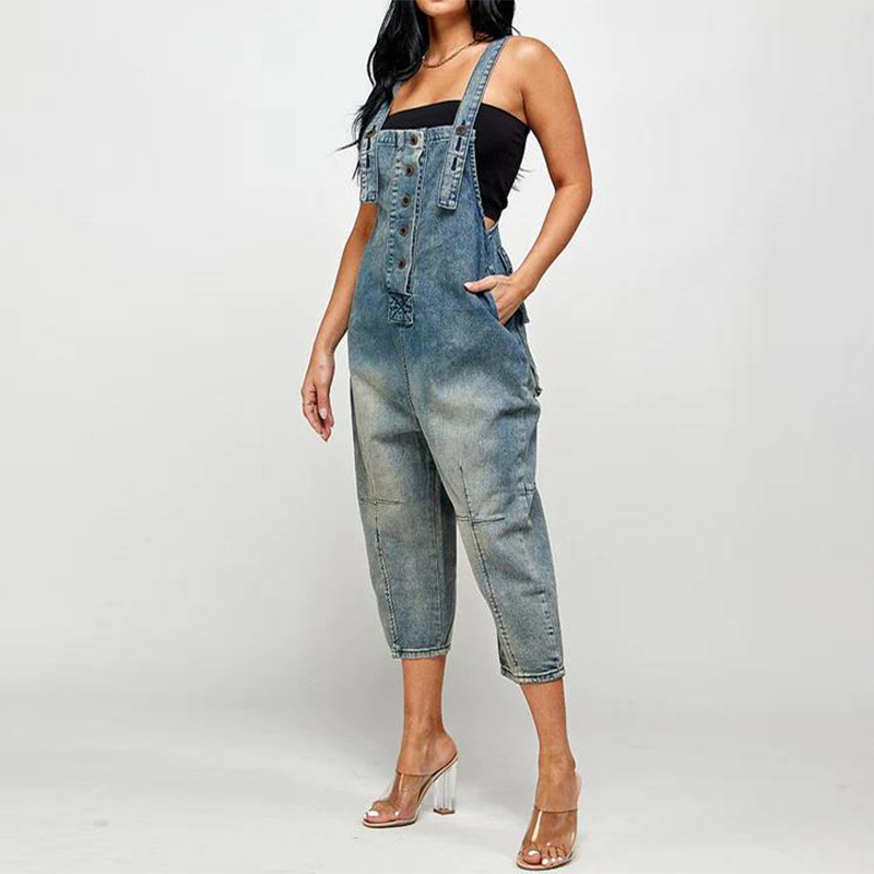 Women's Button-Front Tapered Denim Overalls