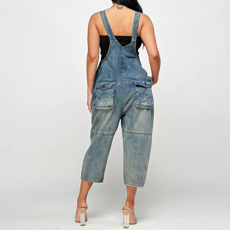 Women's Button-Front Tapered Denim Overalls