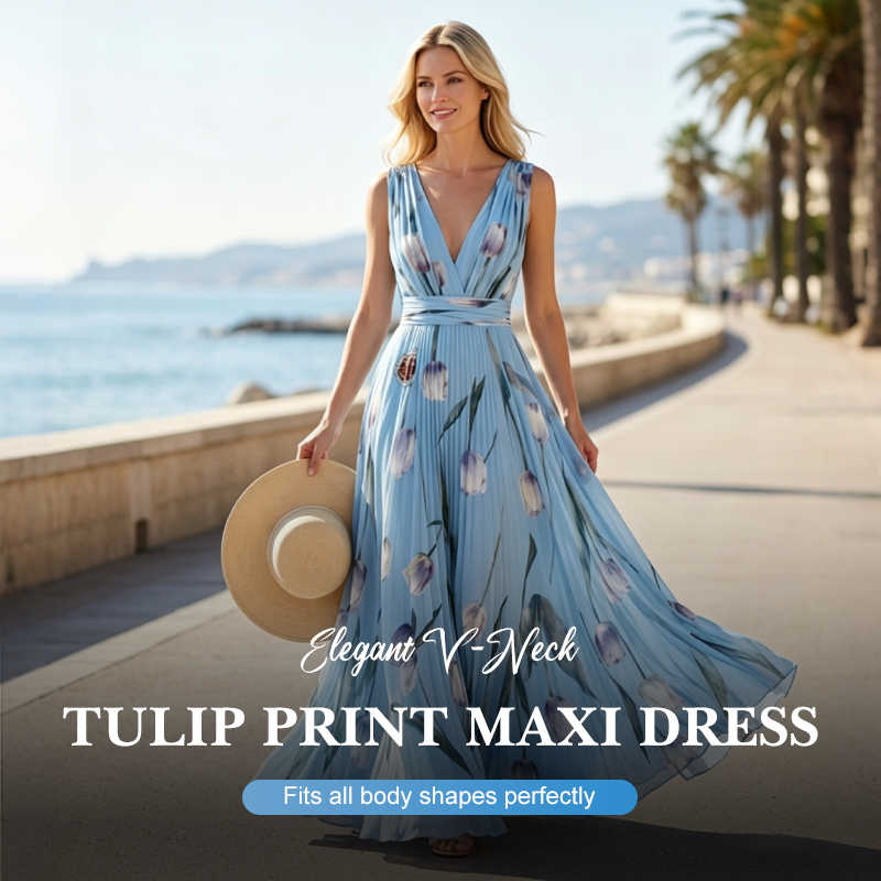 🔥2026 New Arrival ＆ Hot Sale ＆ 50％ Off🔥 Tulip Print Maxi Dress – Elegant V-Neck, Flowy, Floral 🌷