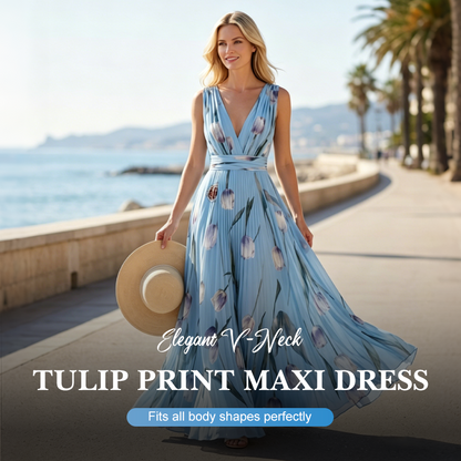 🔥2026 New Arrival ＆ Hot Sale ＆ 50％ Off🔥 Tulip Print Maxi Dress – Elegant V-Neck, Flowy, Floral 🌷
