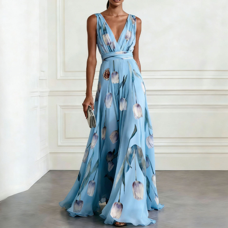 🔥2026 New Arrival ＆ Hot Sale ＆ 50％ Off🔥 Tulip Print Maxi Dress – Elegant V-Neck, Flowy, Floral 🌷