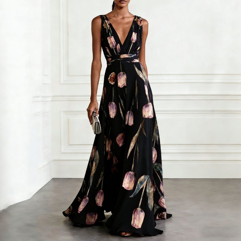🔥2026 New Arrival ＆ Hot Sale ＆ 50％ Off🔥 Tulip Print Maxi Dress – Elegant V-Neck, Flowy, Floral 🌷