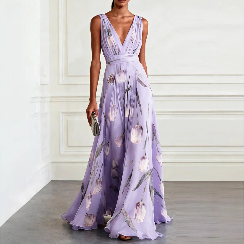 🔥2026 New Arrival ＆ Hot Sale ＆ 50％ Off🔥 Tulip Print Maxi Dress – Elegant V-Neck, Flowy, Floral 🌷