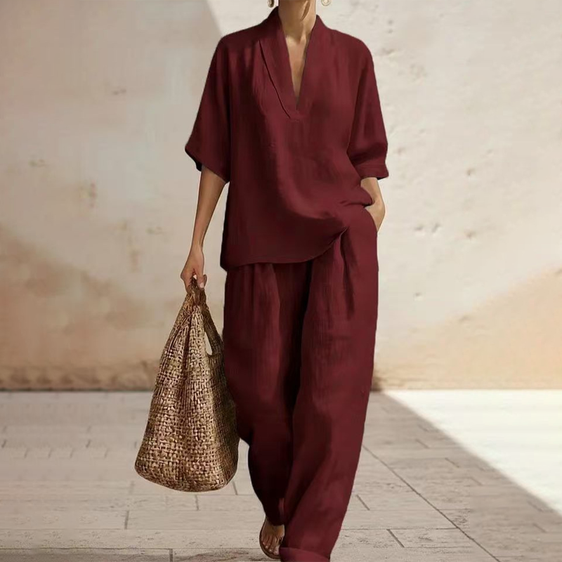 🎁New Arrival 50% OFF💥Women's Casual V-Neck Top and Wide-Leg Pants Set
