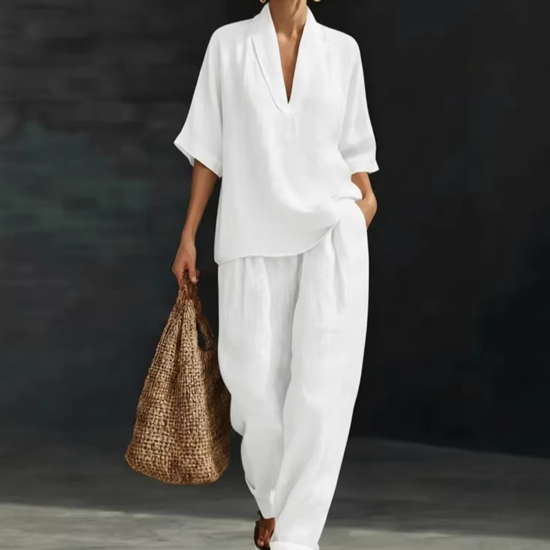 🎁New Arrival 50% OFF💥Women's Casual V-Neck Top and Wide-Leg Pants Set