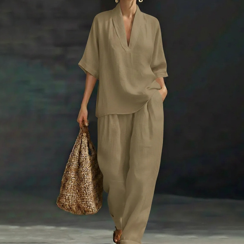 🎁New Arrival 50% OFF💥Women's Casual V-Neck Top and Wide-Leg Pants Set