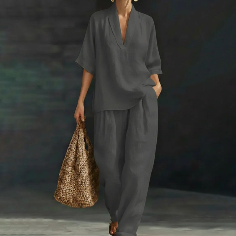 🎁New Arrival 50% OFF💥Women's Casual V-Neck Top and Wide-Leg Pants Set