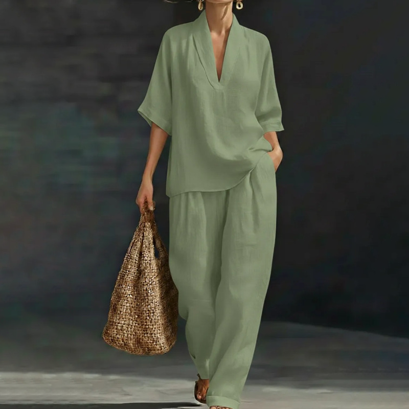 🎁New Arrival 50% OFF💥Women's Casual V-Neck Top and Wide-Leg Pants Set
