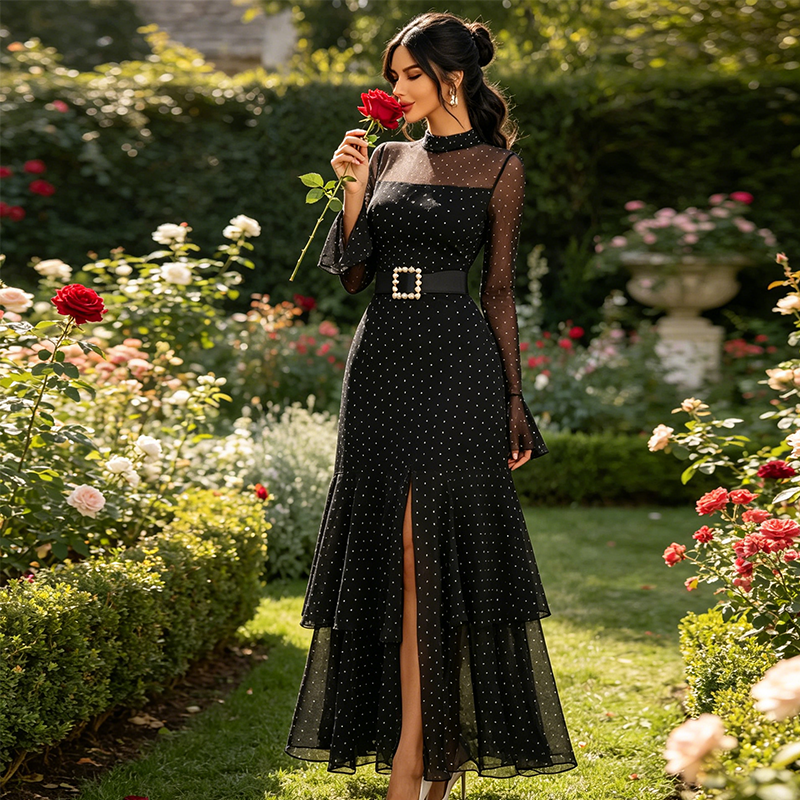 👗 50% OFF NOW!✨ Women's Sheer Bell Sleeve Maxi Dress – High-Waist & Dramatic Slit – Elegant Party & Wedding Guest Gown 🌹