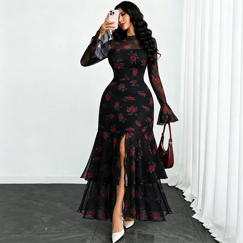 👗 50% OFF NOW!✨ Women's Sheer Bell Sleeve Maxi Dress – High-Waist & Dramatic Slit – Elegant Party & Wedding Guest Gown 🌹