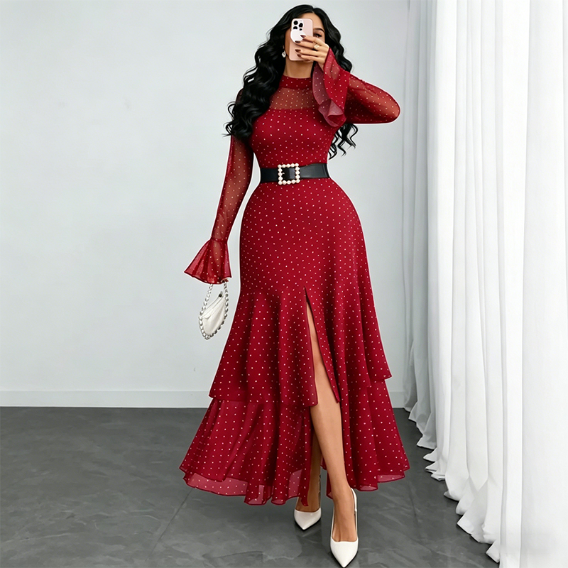 👗 50% OFF NOW!✨ Women's Sheer Bell Sleeve Maxi Dress – High-Waist & Dramatic Slit – Elegant Party & Wedding Guest Gown 🌹
