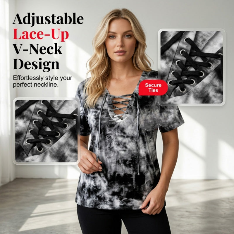 📢📢50% OFF!! ⏰Women's Tie-Dye T-Shirt with Lacing and V-Neck