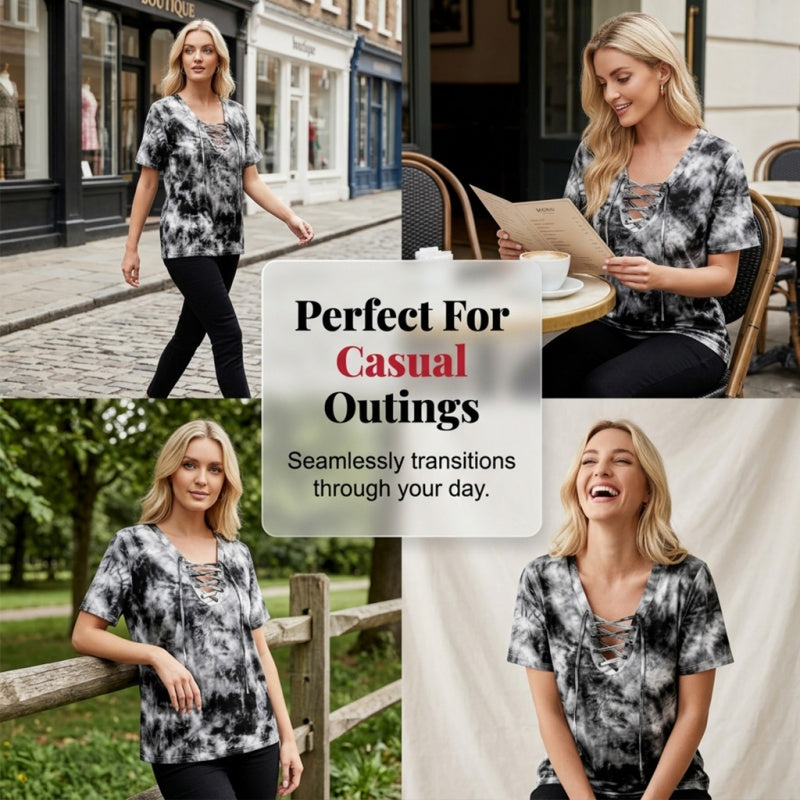 📢📢50% OFF!! ⏰Women's Tie-Dye T-Shirt with Lacing and V-Neck