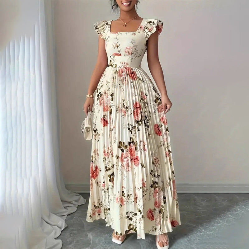 🌸2026 New Arrival🌸 👗 Elegant Floral Print Pleated Maxi Dress ✨– Romantic Square Neck, Ruffle Sleeves & Flowing Floral Skirt🌷