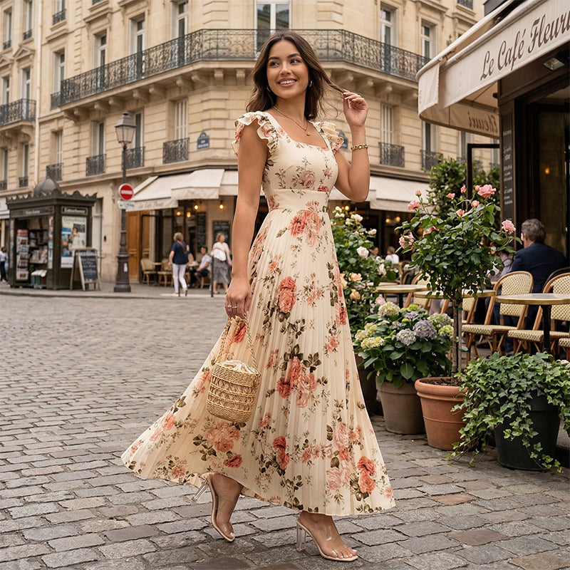 🌸2026 New Arrival🌸 👗 Elegant Floral Print Pleated Maxi Dress ✨– Romantic Square Neck, Ruffle Sleeves & Flowing Floral Skirt🌷