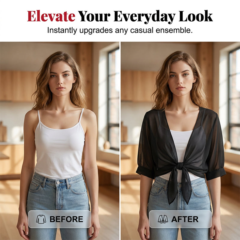 🦋 50% OFF NOW!🌿 Women's Chiffon Tie-Front Top – Sheer, Cropped & Elegant – Summer Layering Essential 🍃