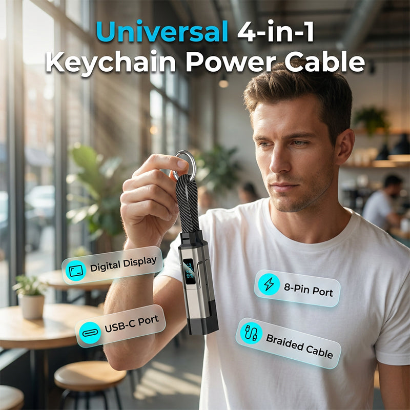 🔥🔌 4-in-1 Charging Cable with Digital Display & Keychain – Fast-Charging, Kink-Resistant & Compact