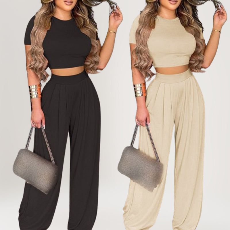Women's Two-Piece Fitted Short Sleeve T-Shirt & Loose Pants Set 🌿 Fitted Top & Relaxed Trousers – Comfy Enough for Home, Stylish Enough for Out ✨