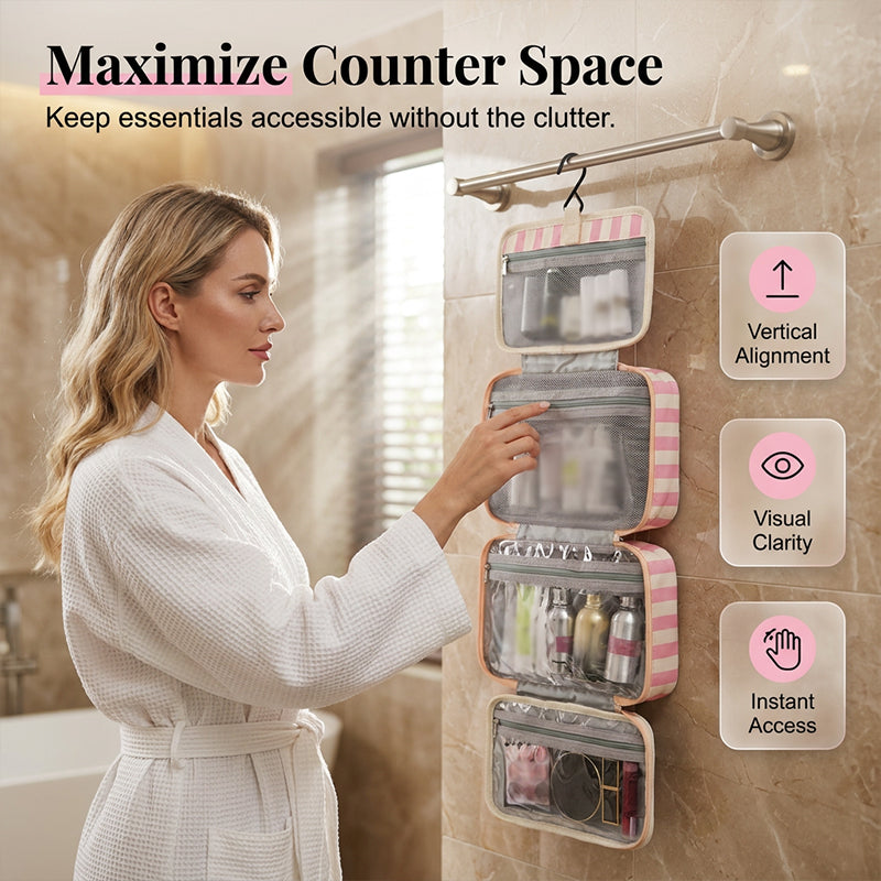 🧳 LIMITED-TIME 50% OFF! ✨ Striped Hanging Travel Toiletry Bag – 4 Compartments, Water-Resistant, Foldable 🚿