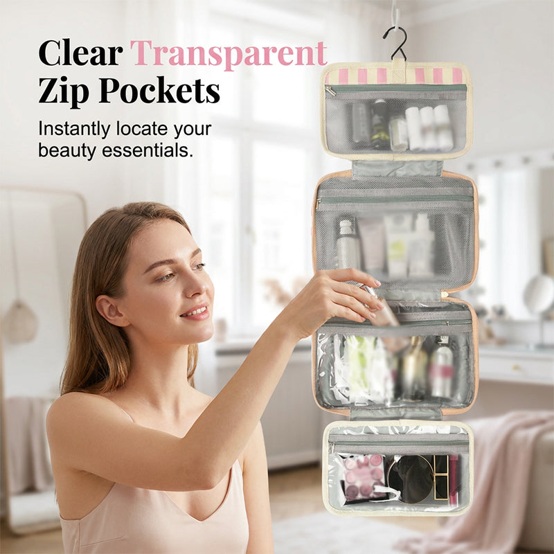 🧳 LIMITED-TIME 50% OFF! ✨ Striped Hanging Travel Toiletry Bag – 4 Compartments, Water-Resistant, Foldable 🚿