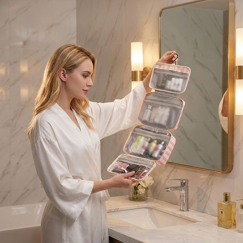 🧳 LIMITED-TIME 50% OFF! ✨ Striped Hanging Travel Toiletry Bag – 4 Compartments, Water-Resistant, Foldable 🚿