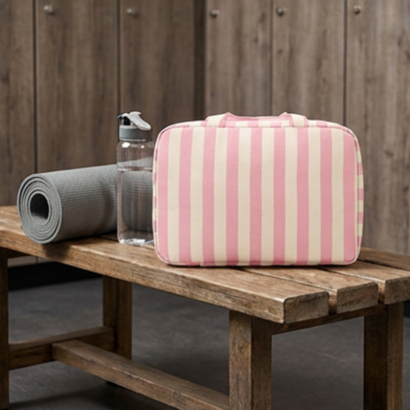 🧳 LIMITED-TIME 50% OFF! ✨ Striped Hanging Travel Toiletry Bag – 4 Compartments, Water-Resistant, Foldable 🚿