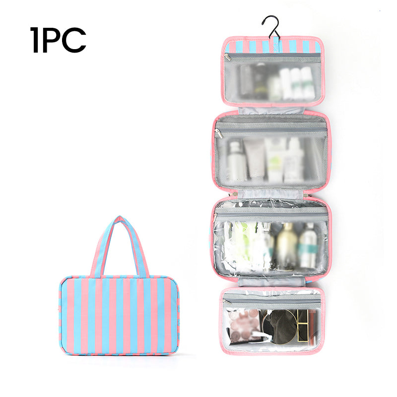 🧳 LIMITED-TIME 50% OFF! ✨ Striped Hanging Travel Toiletry Bag – 4 Compartments, Water-Resistant, Foldable 🚿