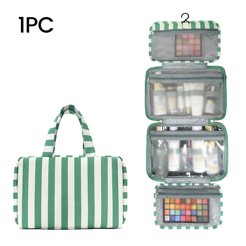 🧳 LIMITED-TIME 50% OFF! ✨ Striped Hanging Travel Toiletry Bag – 4 Compartments, Water-Resistant, Foldable 🚿