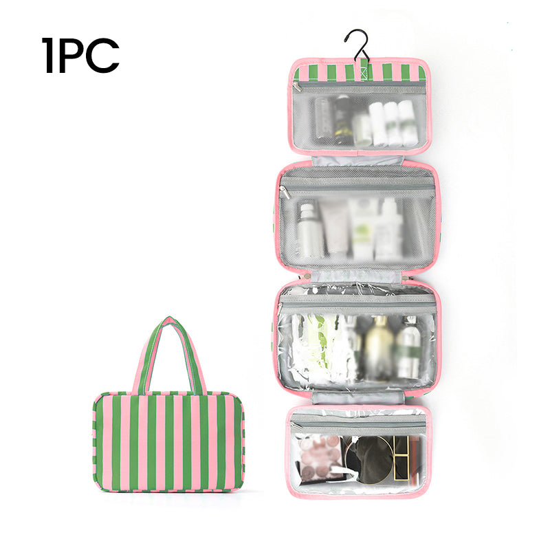 🧳 LIMITED-TIME 50% OFF! ✨ Striped Hanging Travel Toiletry Bag – 4 Compartments, Water-Resistant, Foldable 🚿