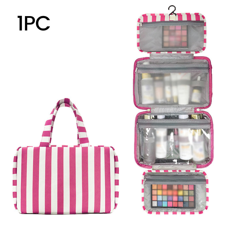 🧳 LIMITED-TIME 50% OFF! ✨ Striped Hanging Travel Toiletry Bag – 4 Compartments, Water-Resistant, Foldable 🚿